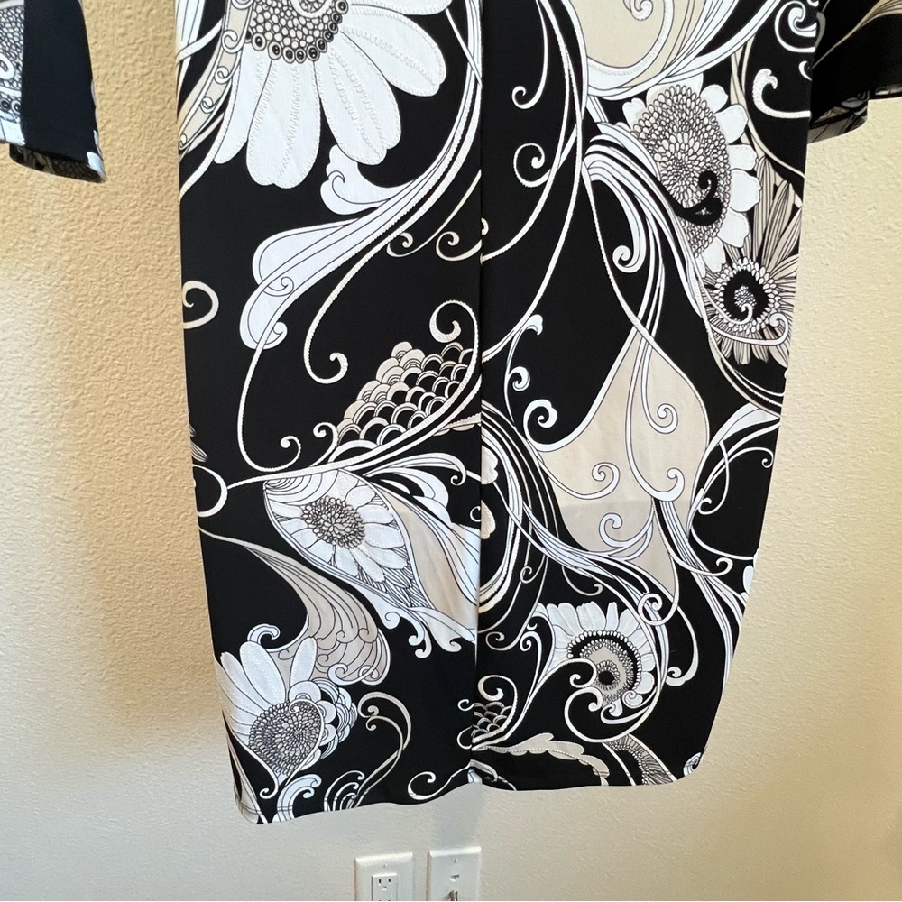 Glamour women black white tan floral midi dress trumpet sleeve round neck Sz 8 - Picture 10 of 16